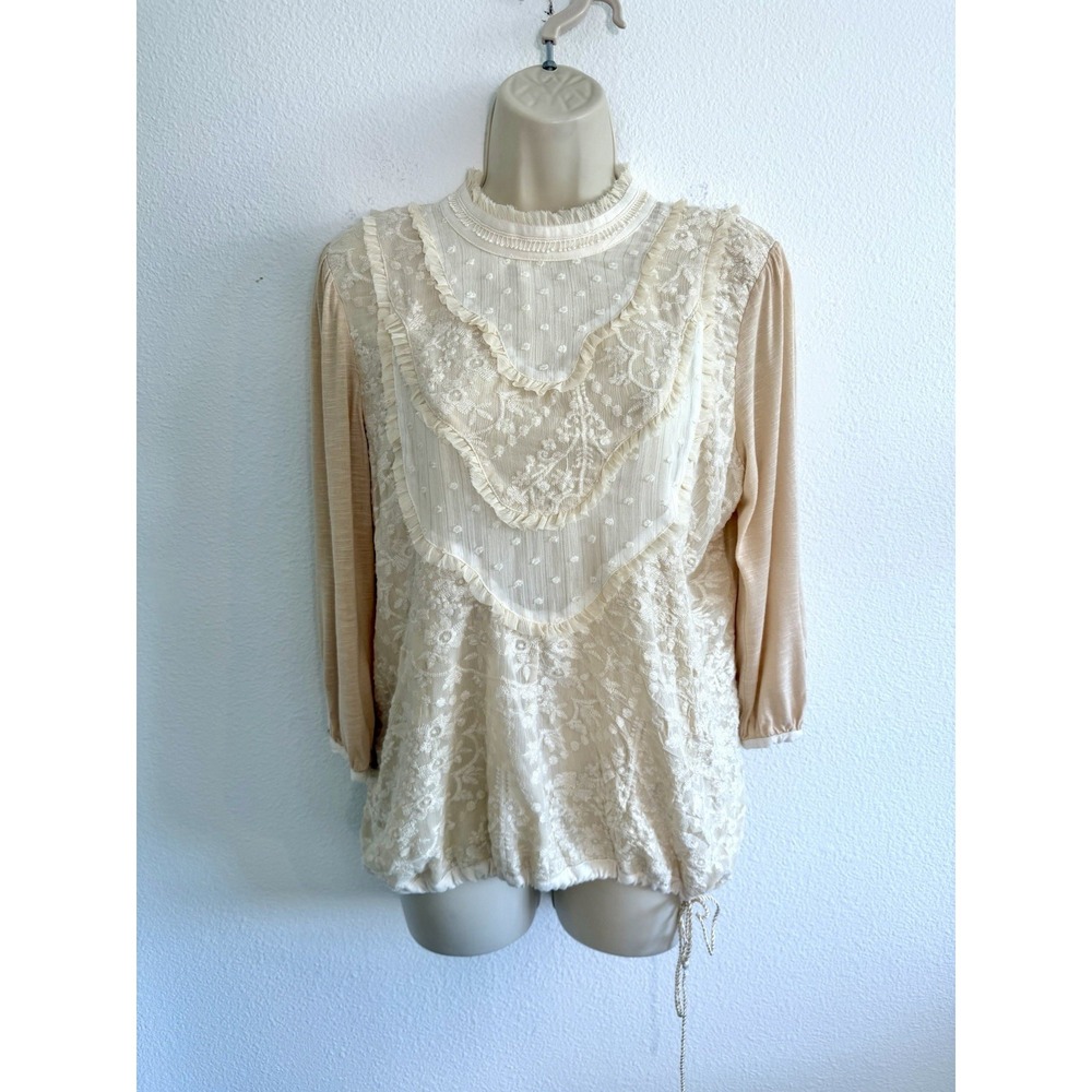 Anthropologie Ivory Embroidered Lace Top Sz M High Neck Long Sleeve Victorian